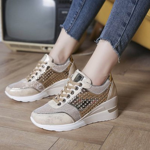 Weiqiqre Chaussures de Course pour Femmes en Solde, Chaussures Plates-Formes Décontractées à Lacets à Talon Compensé à Paillettes Chaussures Simples Espadrilles Femmes