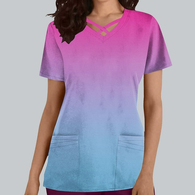 Fiudx Tops para Mujer Top de Ropa de Enfermería con Bolsillo y Cuello En V de Manga Corta de Color Degradado Informal a La Moda para Mujer