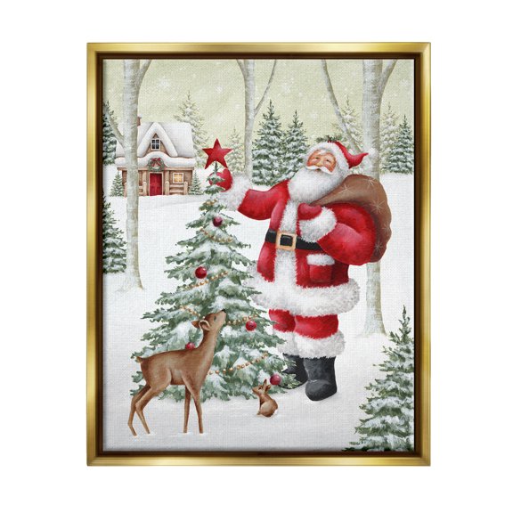 Stupell Industries Santa & Snowy Cabin Holiday Painting Gold Floater Framed Canvas Art Print Wall Art, 17 x 21