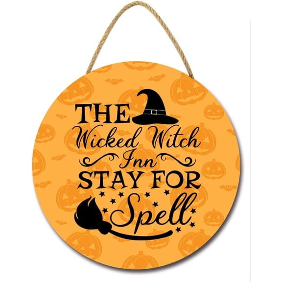 Eveokoki 11" The Wicked Witch Stay for Spell Halloween Decoration Halloween Sign for Front Door, Round Wooden Hanging Wreaths for Home Wall Decor Halloween Day Party Decoration Outdoor Indoor