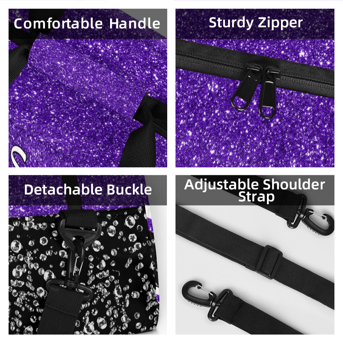Jiaoprinted Personalized Cheerleader Bag Dance Bag, Custom Sport Gym Bag with Name, Customized Travel Duffel Bag for Cheer Team, Purple Glitter