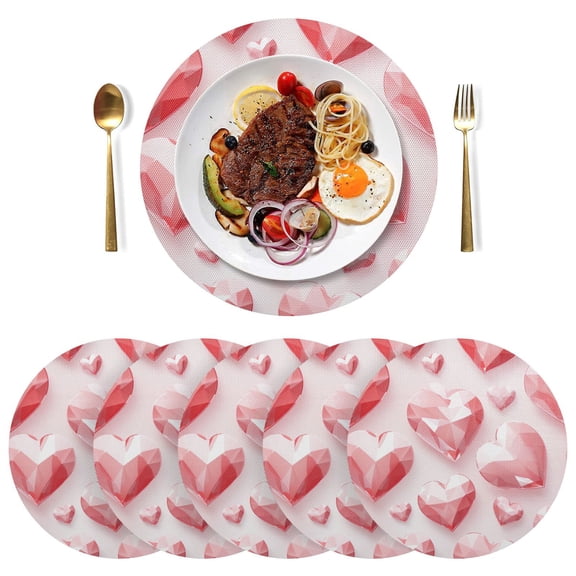 Valentine's Day Heart Diamond Black Round Placemats Plate Mats 15 Inch Non-Slip Heat Resistant Washable PVC Set Indoor for Kitchen Dining Table 1PC