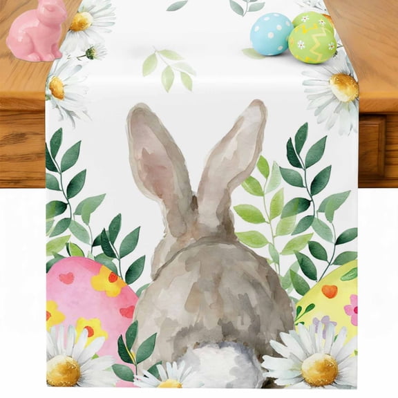 Easter Bunnies Table Runner 90 Inches Long for Kitchen Dining, Spring Eucalyptus Daisy Easter Eggs Dresser Scarf Farmhouse, Dining Table Decorations for Wedding/Parties, 13 x 90 In