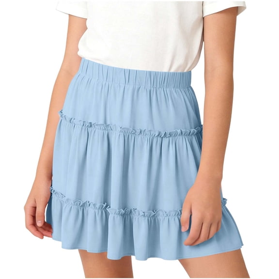 Virmaxy Solid Color Elastic Waist Tiered Ruffle Skirt Casual Loose Mid Length Spring Summer Skirt for Teen Daily Wear and Casual Outings, for 5-15Y
