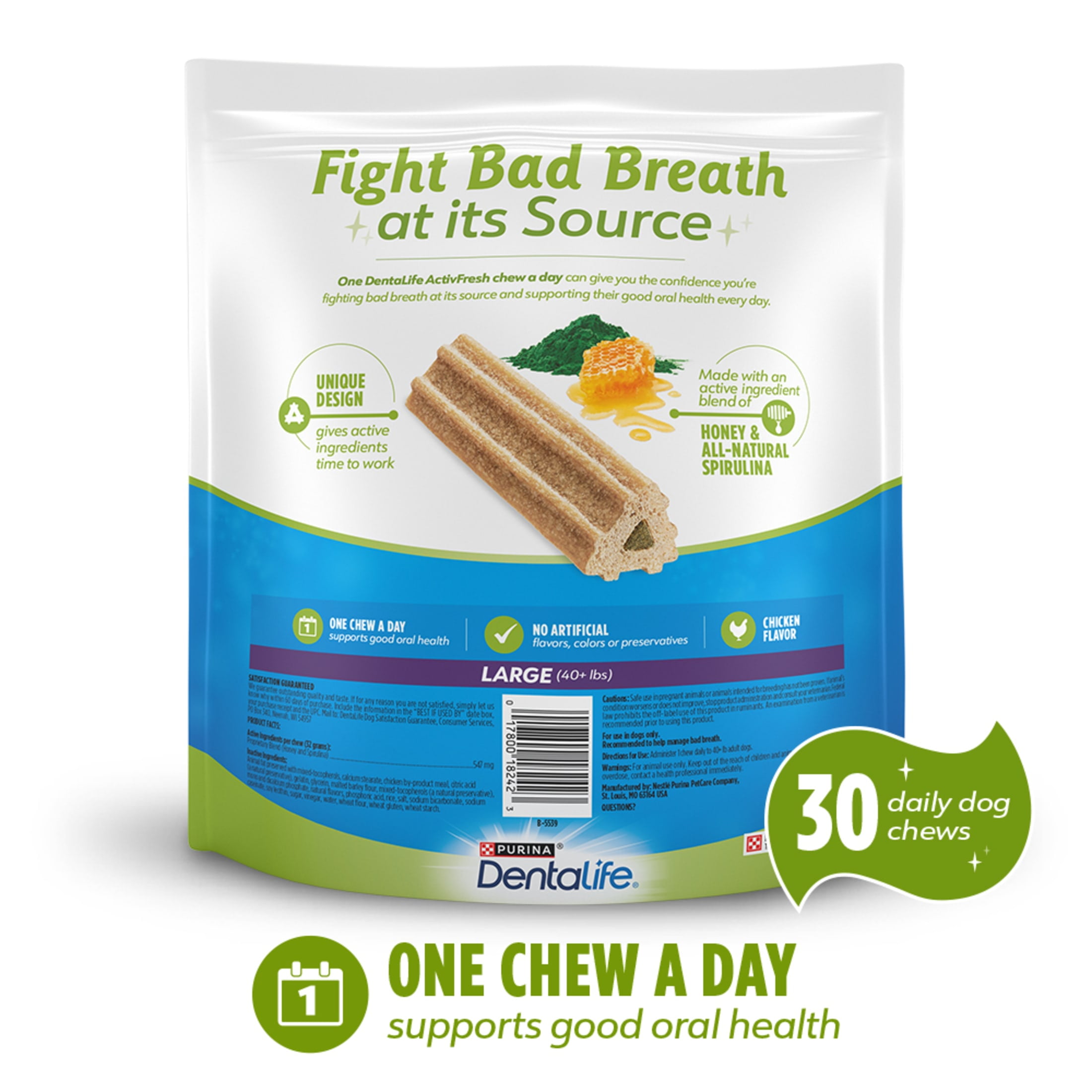Purina DentaLife ActiveFresh Large Dog Treats Dental Chews with Chicken, 35 oz Pouch, 2 Packs (30 Count)