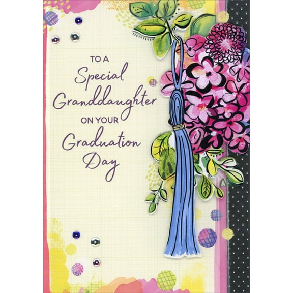 Designer Greetings 3D Die Cut Blue Tassel Hanging from Pink Flowers, Sequins and White Ribbon Hand Decorated Graduation Congratulations Card for Granddaughter