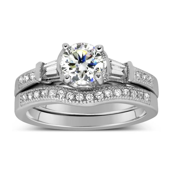 Antique 2.00 Carat Round Moissanite Wedding Ring Set with Baguette Moissanite for Her in White Gold