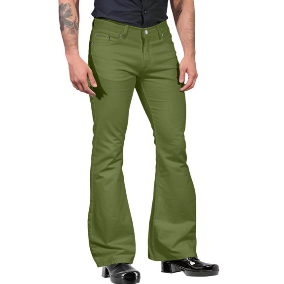 CONZONE Mens 70s Disco Flared Pants Straight Leg Vintage Pants for Men Trendy Slim Fit Solid Modern Bell Bottom With Pockets