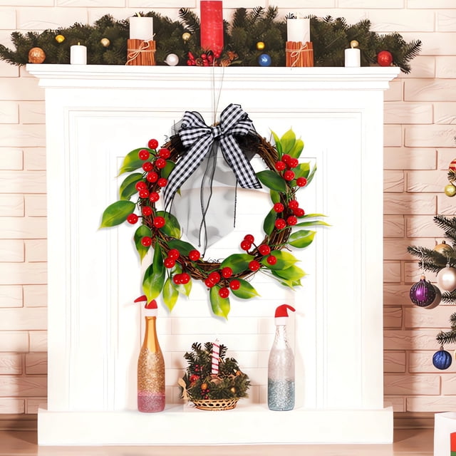 Ganfancp Corona de Navidad de Ratán Corona de Frutos Rojos Decoración para El Hogar Puerta Colgante Decoración Navideña Corona de Ratán con Lazo Ofertas Del Día 1 Corona