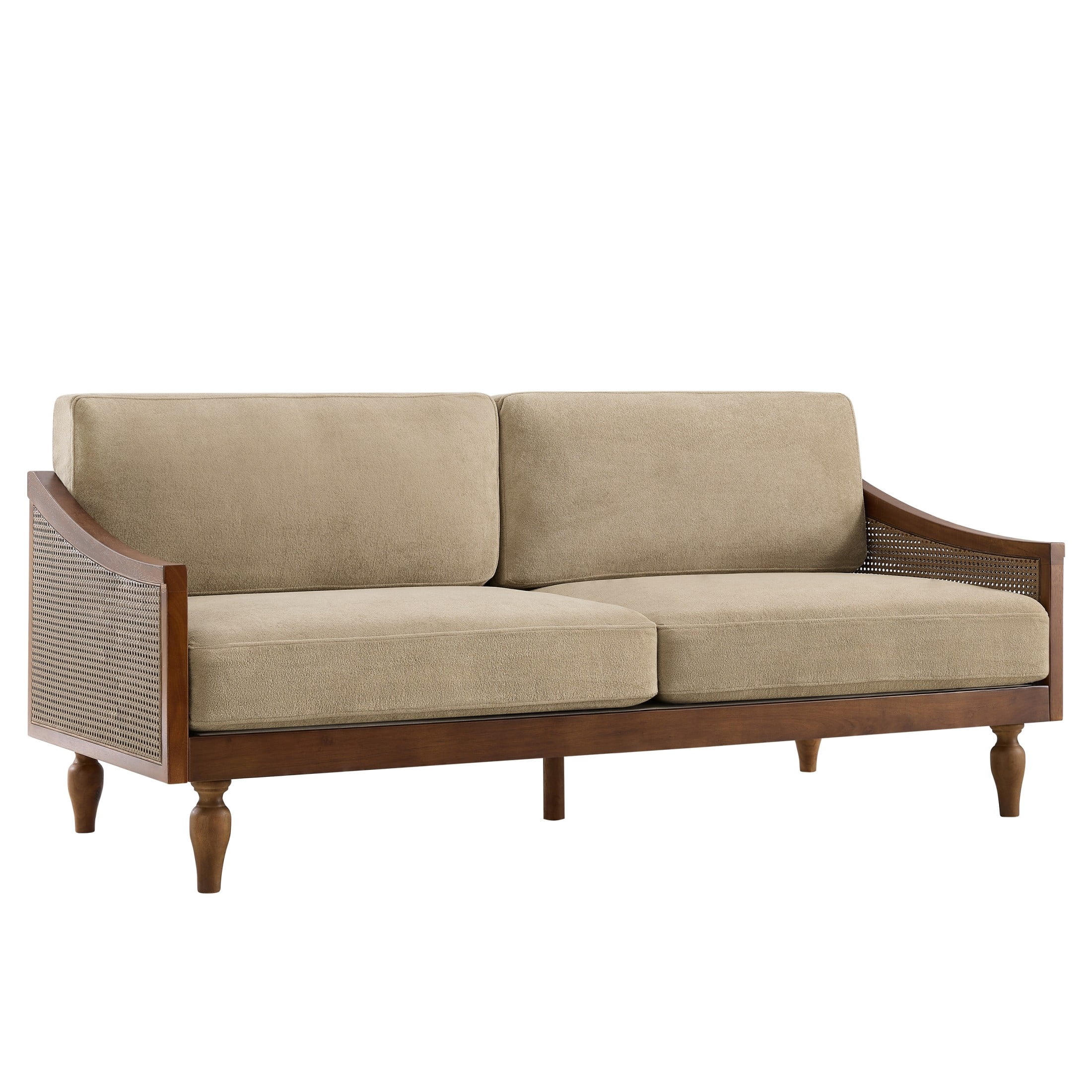 Christopher Knight Home Mid-Century 70.9" 3-Seater Sofa with Rattan Armrests, Wooden Frame, Light Brown