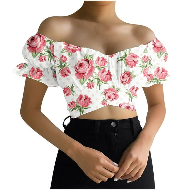 Blusa corta fruncida con hombros descubiertos y estampado de manga corta sin tirantes para mujer Pompotops hkajfhjk473551