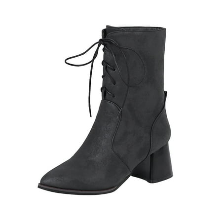 

Christmas Gifts Juebong Women s Winter Plain Short Mid Tube Cross Lacing Chunky High Heel Round Toe Boots