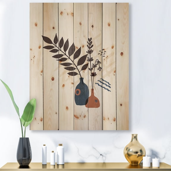 Designart 'Ancient Boho Art Minimalistic Flowers I' Modern Print on Natural Pine Wood