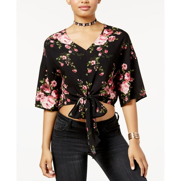 Polly Esther Juniors Cotton Tie Front Crop Top Black XL