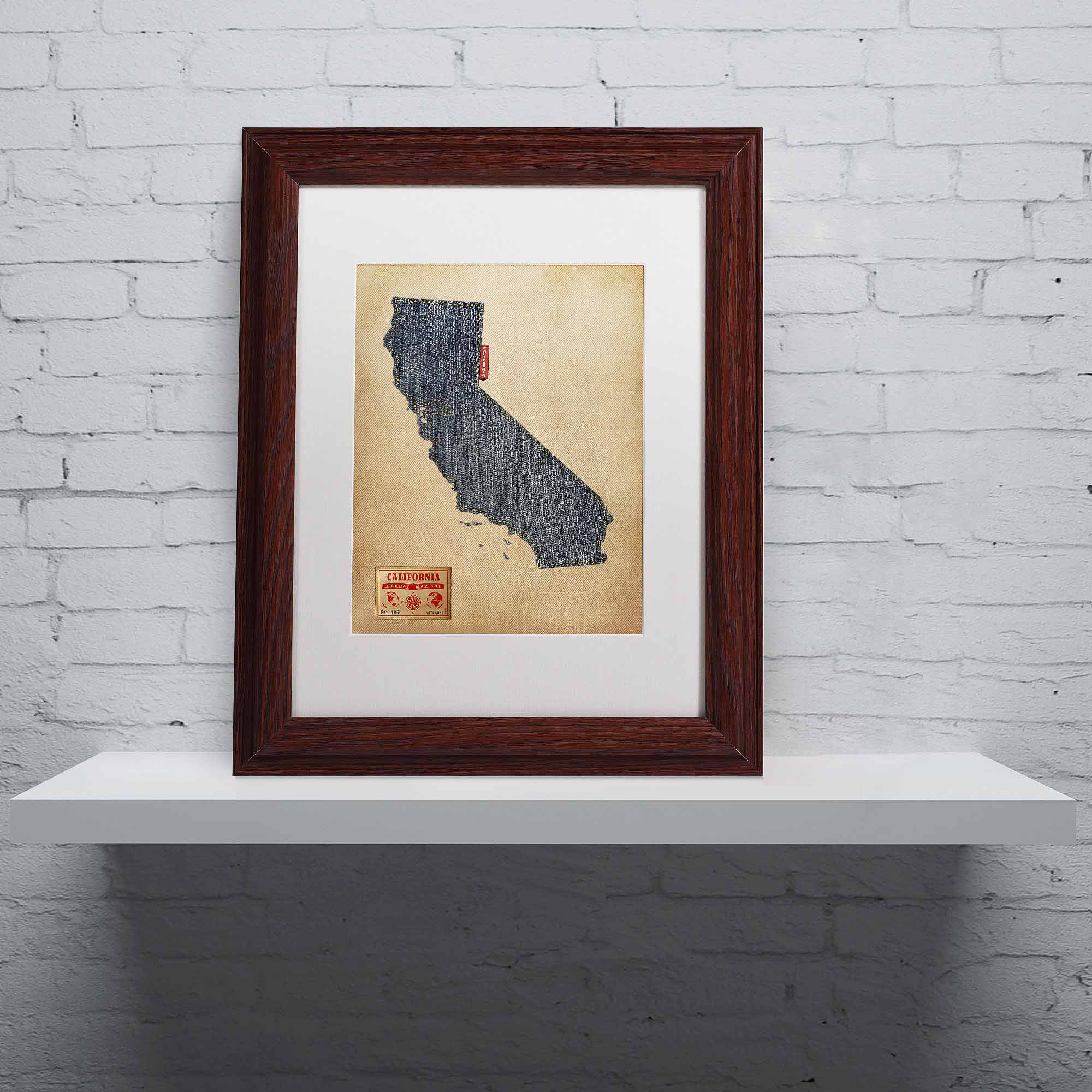 Trademark Fine Art "California Map Denim Jeans Style" Canvas Art by Michael Tompsett, White Matte, Wood Frame