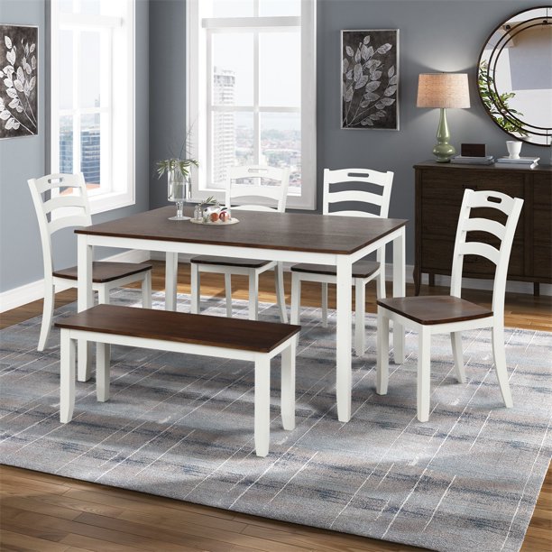 6 Piece Dining Table Set Kitchen Dining Table Set With Bench Table Set With Waterproof Coat Kitchen Table And Chairs Ivory And Cherry Walmart Com Walmart Com