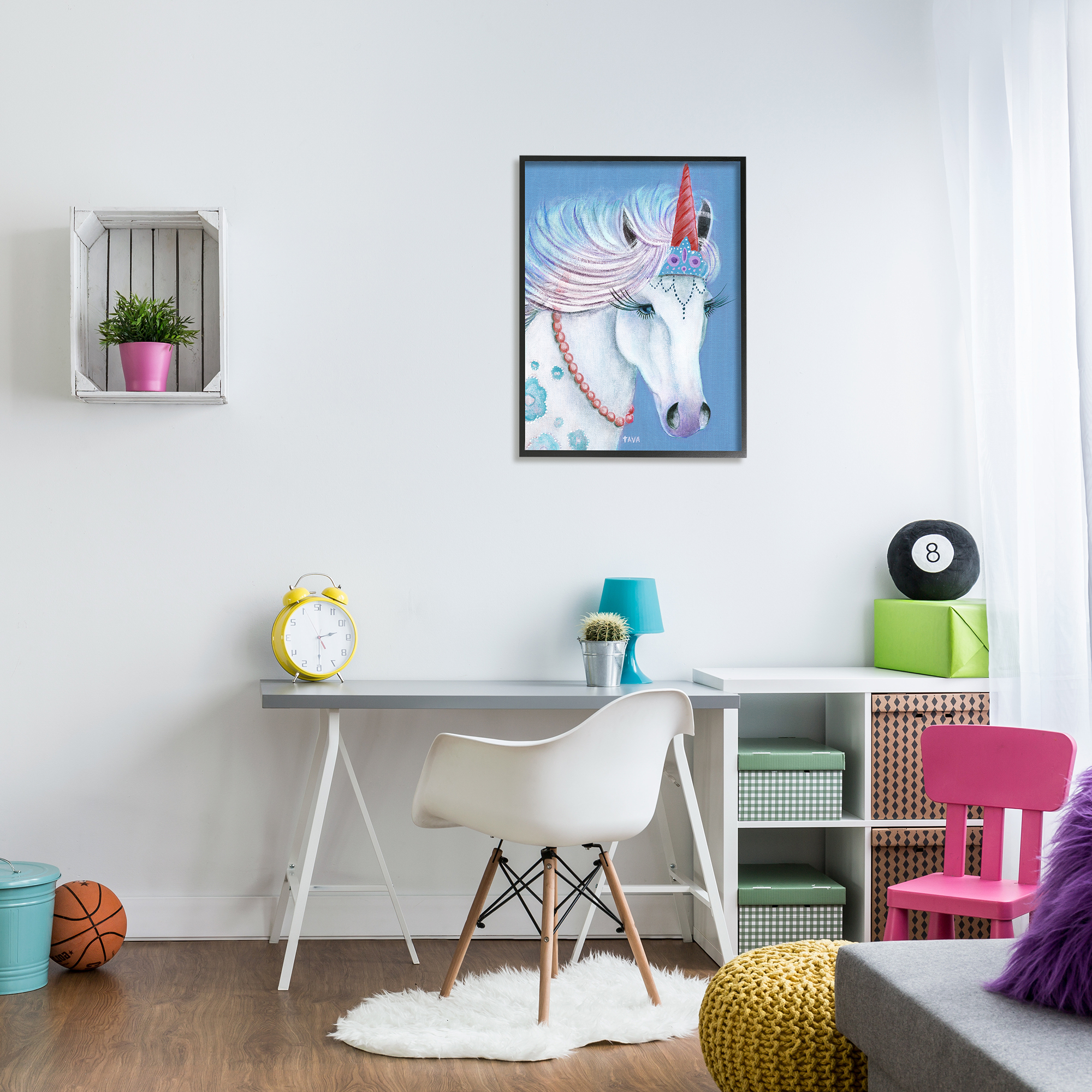 Stupell Industries Blue Floral Unicorn Portrait with Princess Crown Fairy Tales & Fantasy Painting Black Framed Art Print Wall Art, 24 x 30
