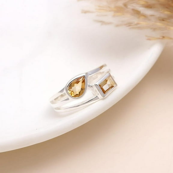 AG 925 Jewellery Faceted Yellow Citrine Gemstone Ring, Sterling Silver