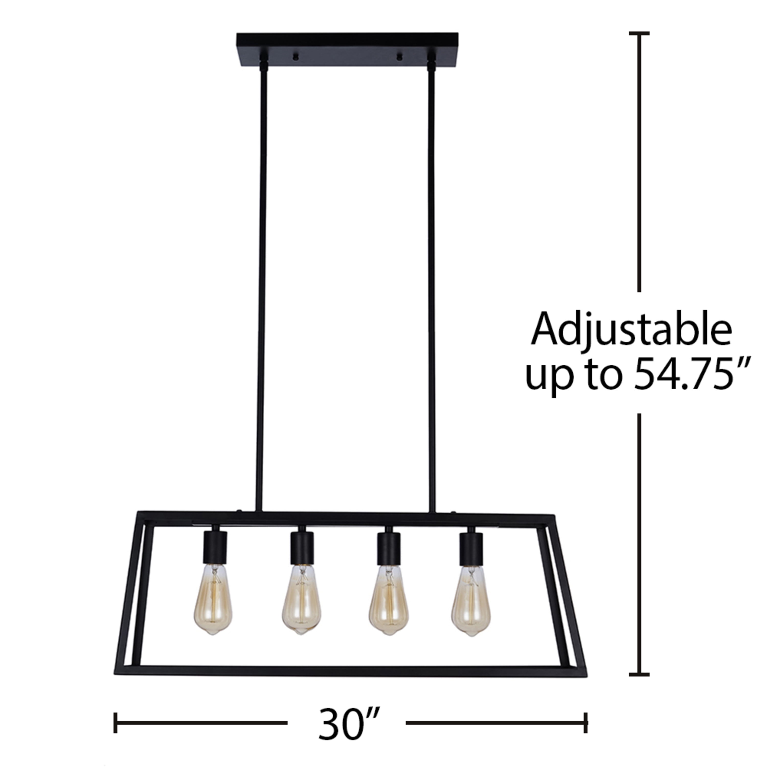 Cresswell Lighting 30" Industrial Black 4-Light Rectangle Island Chandelier Pendant with Bulb