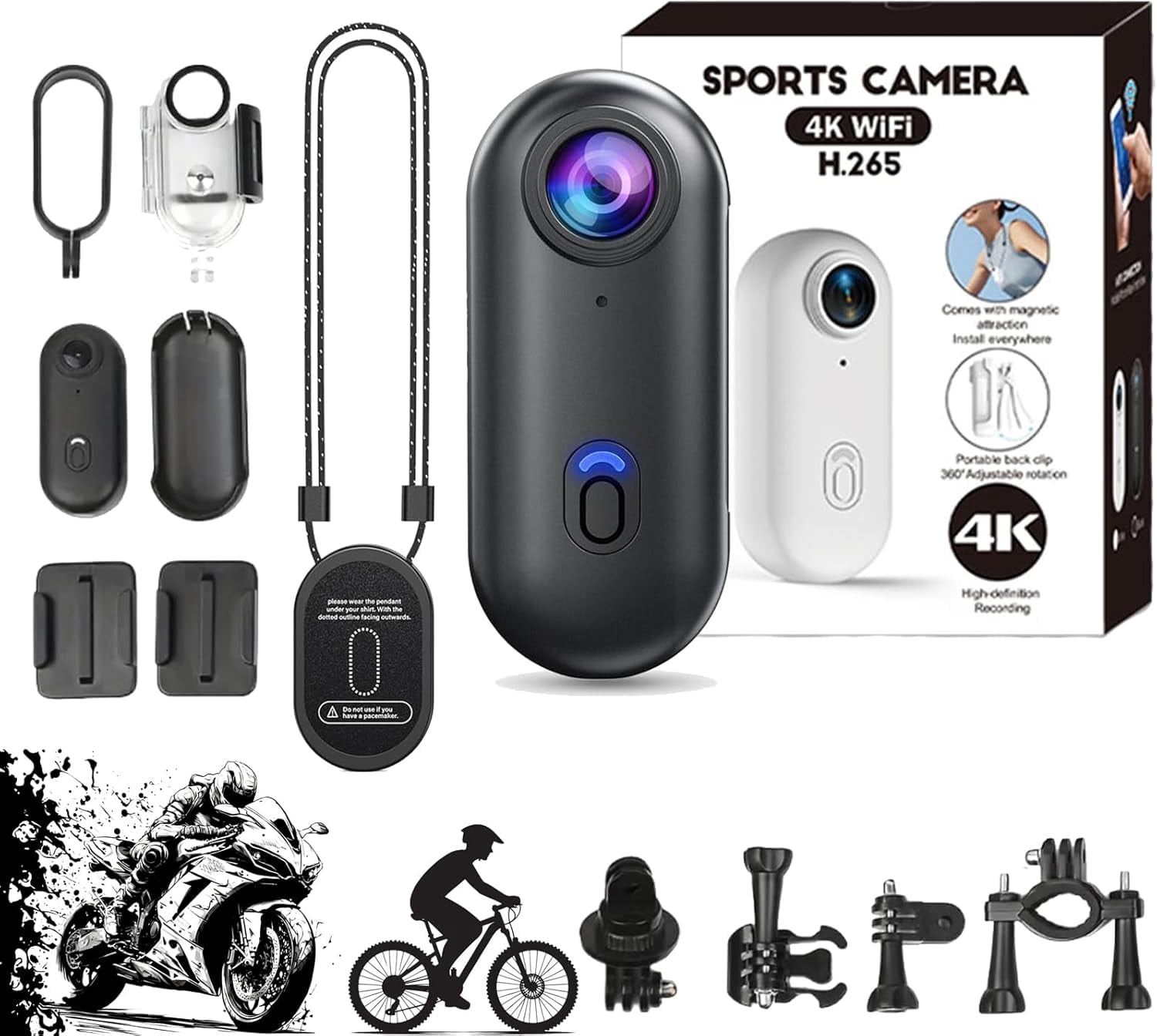 HD Action Camera, 4k Mini Baseball POV Camera Waterproof, Action Body Cam with Audio & Video, Mount Anywhere with Necklace, Visus Cam Mini for Vlogging, Travel, Sport, Ding (White, 1080P)