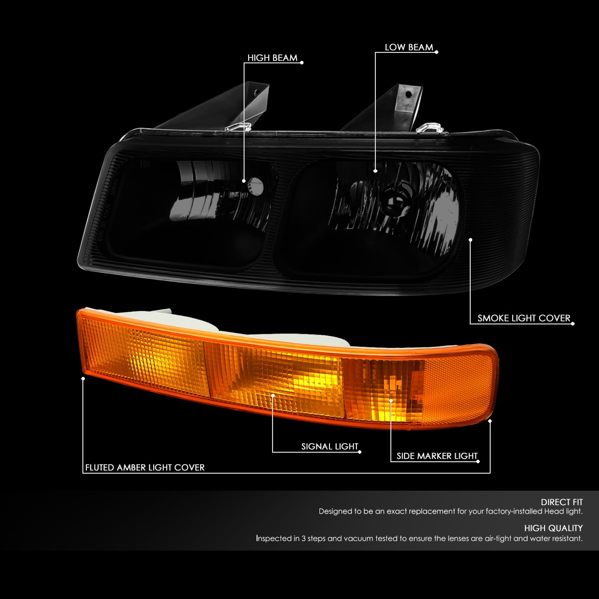 Fit 03-17 Savana/Express Pair Black/Smoked Headlight+Side Marker Bumper Lamp