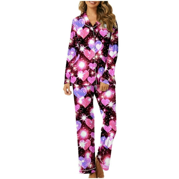 Valentines Day Themed Pajama Set for Women Adorable Heart Print Button Up Long Sleeve and Pants 2 Piece Pajama Set for Women Set Plus Size Pajamas Purple S