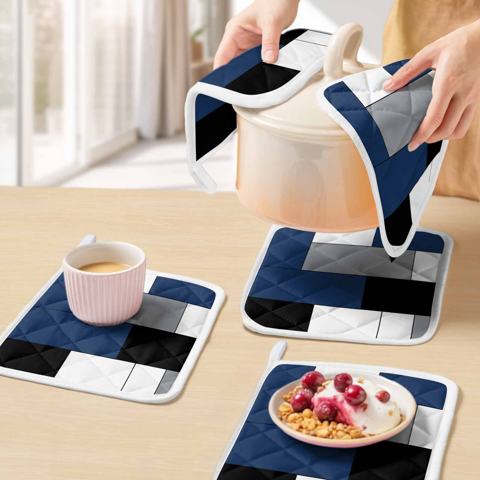 Navy Blue Black Grey Pot Holders for Kitchen Heatproof Potholder, 4 Pack Modern Irregular Geometric Abstract Hot Pads Multipurpose Oven Pads Cloth Potholders Trivet for Cooking and Baking