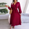 thumbnail image 3 of qafoshin Fall Pleated Dresses for Women V Neck Long Sleeve Midi Dress Waistband Classic Ruched Dress, 3 of 7