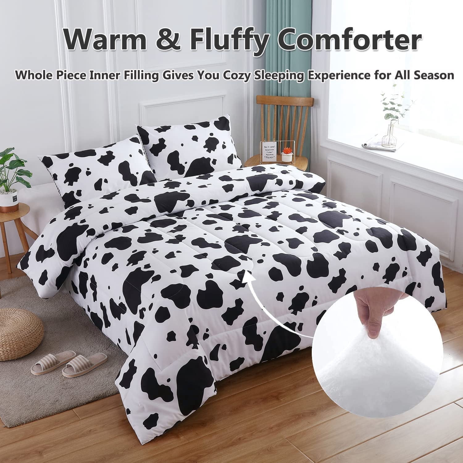 PERFEMET Kid Queen Comforter Set 3-Piece,Black White Cow Print Bedding Set for Girls Boys,Western Farmhouse Kids Comforter Set for All Season (1 Comforter,2 Pillowcases)