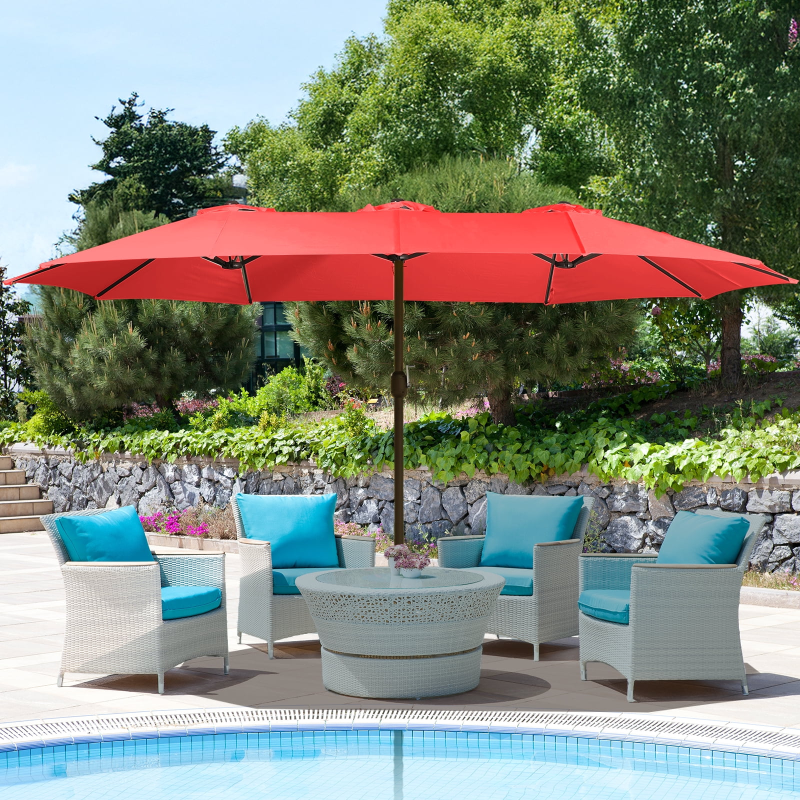 Aoodor 15ft Large Patio Umbrella with Base Stand, Outdoor Double-Sided Rectangle Umbrella - Red