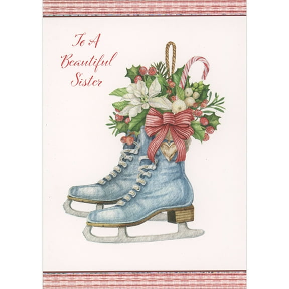 Pictura Blue Ice Skates Stuffed with Holiday Foliage Christmas Card for Sister