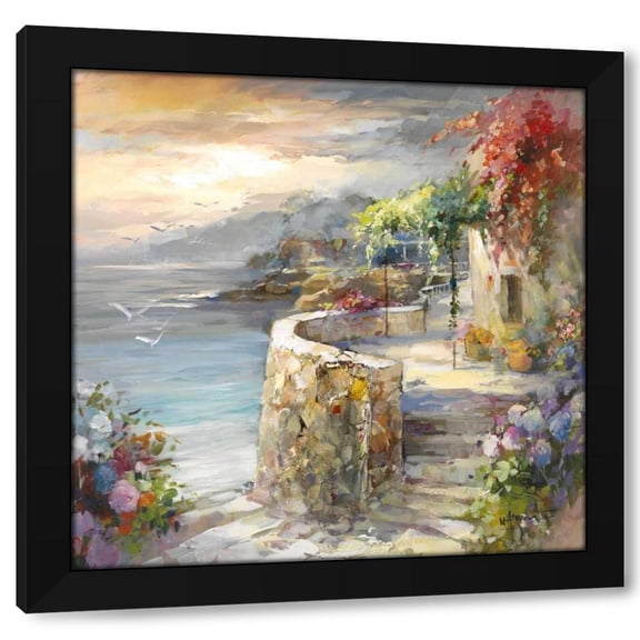 Willem Haenraets 12x12 Black Modern Wood Framed Wall Art Titled - Seagulls and sunset