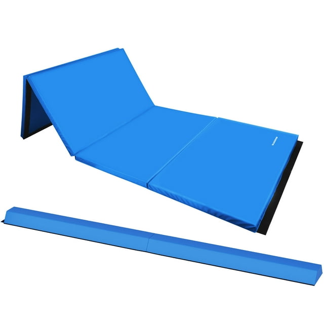 BalanceFrom 6ft x 4ft x 2in 4-Panel Folding Gymnastics Mat with 8ft Balance Beam, Blue