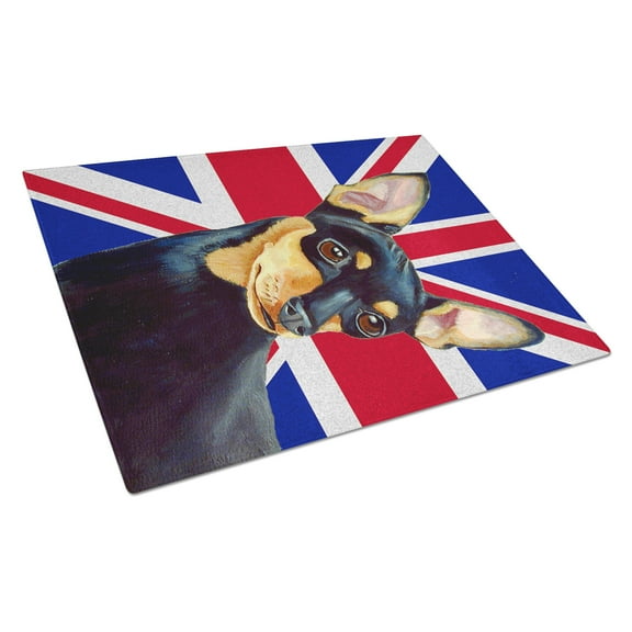 Caroline's Treasures Min Pin with English Union Jack British Flag Glass Cutting Board Large Size