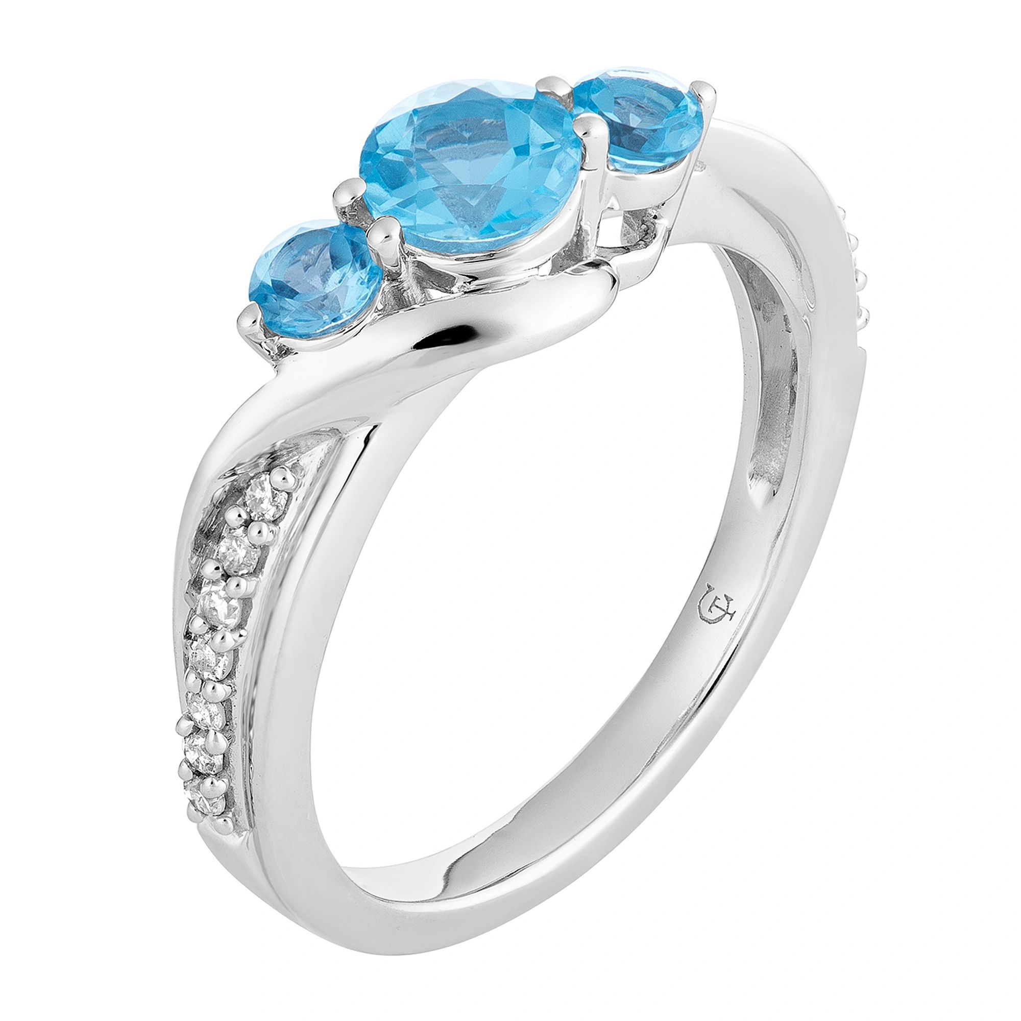 10k White Gold Swiss Blue Topaz & 1/10 Carat T.W. Diamond 3-Stone Ring