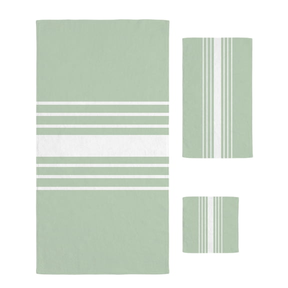 Sage Green White Stripe Towel Set of 3, Soft Microfiber Bath Towels, Hand Towel, Washcloths, Modern Rustic Vertical Striped Quick-Dry Absorbent Towels for Bathroom Kitchen Hotel Beach Gym Spa