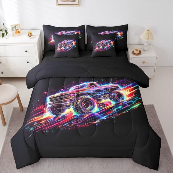 Manfei Monster Truck 7-Piece Twin Bedding,Neon Lights Print Bedding Comforter Set,Black,Black Reversible