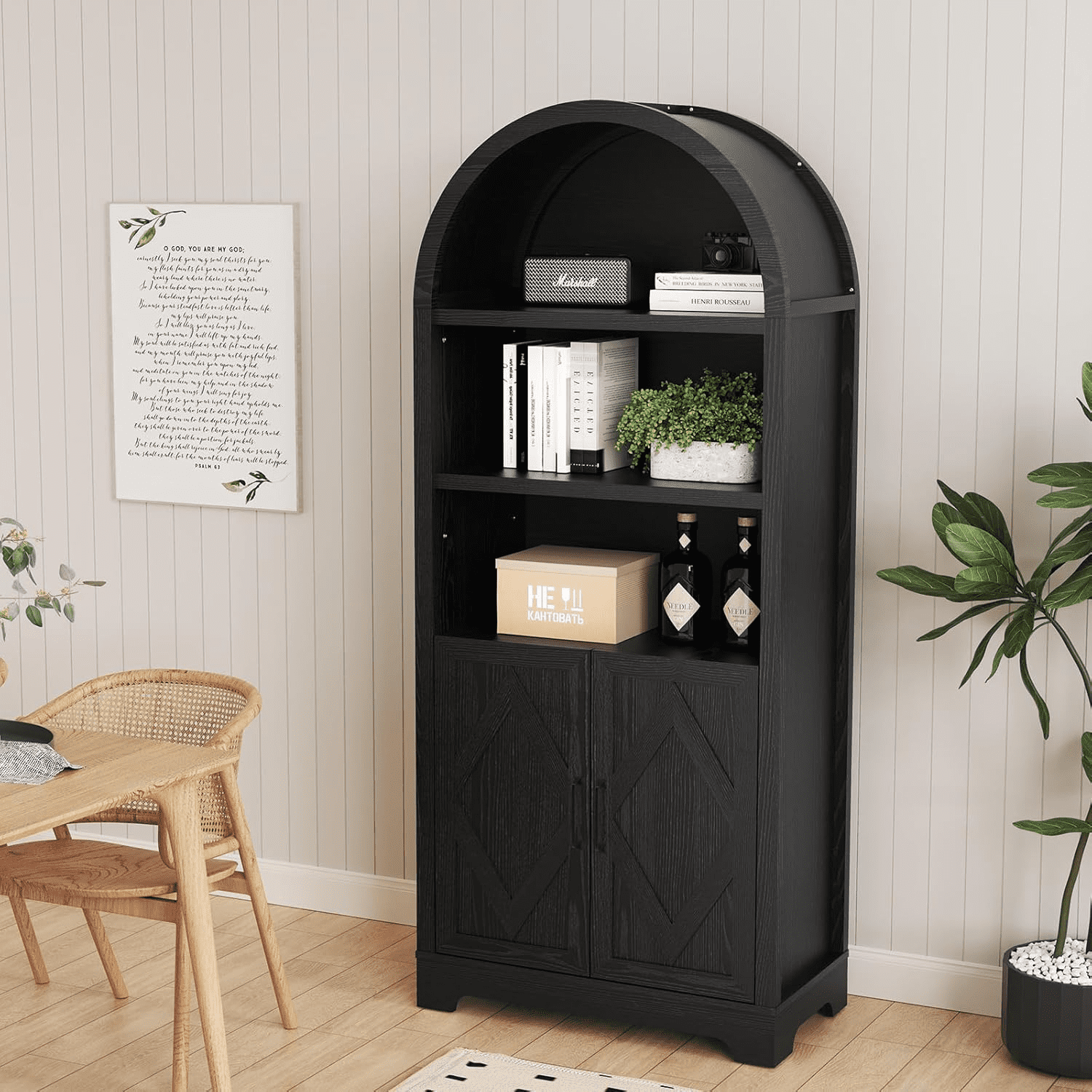 Vipbear 70" Arched Cabinet, 5 Tier Arch Bookcase, Tall Pantry Wood Display Cabinet with Doors&Adjustable Shelve for Living Bed Room Kitchen