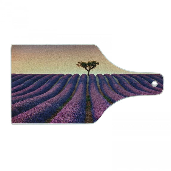 Tree Cutting Board, Lavender Flowers Blooming Field and a Tree Uphill on Sunset Valensole France Print, Tempered Glass Cutting and Serving Board, Wine Bottle Shape, Purple Peach, by Ambesonne