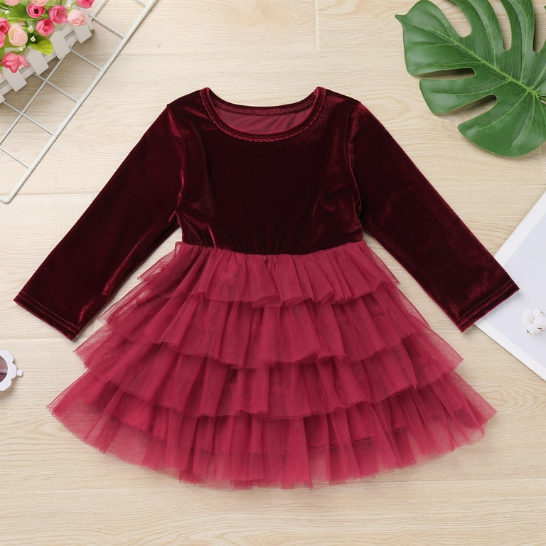 Fymnsi Velvet Christmas Dress for Girls Toddler Fall Winter Layered Tiered Tulle Dresses Vintage Party Midi Gown 6-12 Months Wine Red