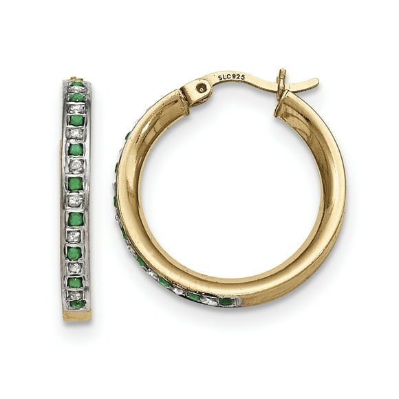 Boucles d'Oreilles Rondes en Argent Sterling et Plaqué Or Diamond et Émeraude QDF133