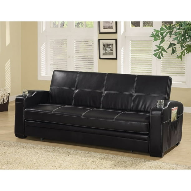 Faux Leather Sofa Bed With Storage And Cup Holders Black Com Faux Leather Sofa Bed With Storage And, Black Leather Sofa Bed With Storage