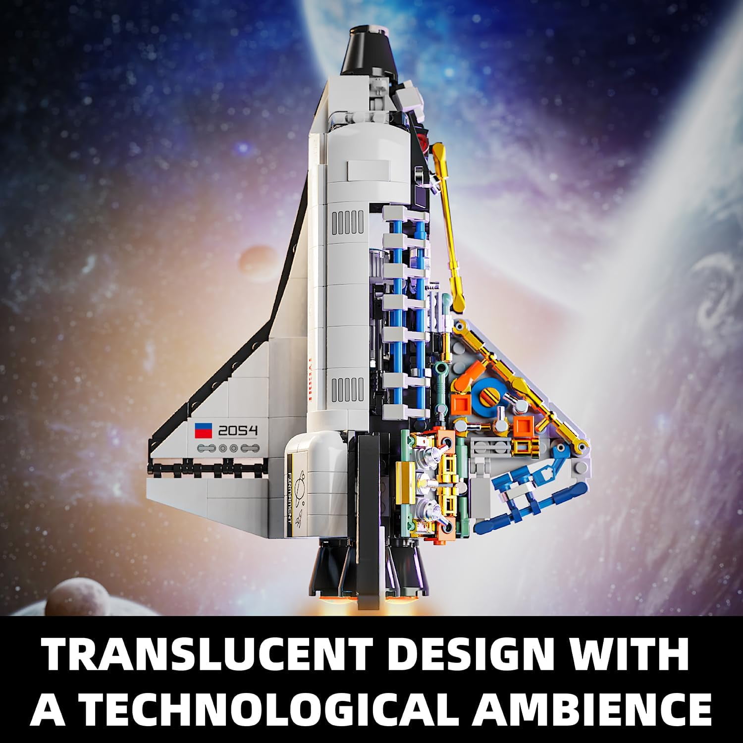 City Space Shuttle Building Toy Set -Translucent Classic Spaceship Building Block Kit with Stretchable Satellite Model,Home or Office Decor,Gift Idea for Adults&Kids Ages 8 and Up