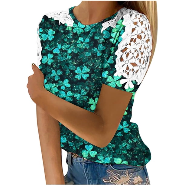 Camisas de Manga Corta para las Mujeres Impresión Cuello Redondo Suéter Encaje Blusa, Top Casual para el Hogar Y Diario