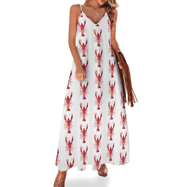 Vestido sin mangas con langosta roja de acuarela, vestido de fiesta de estilo coreano, vestido de mujer para verano