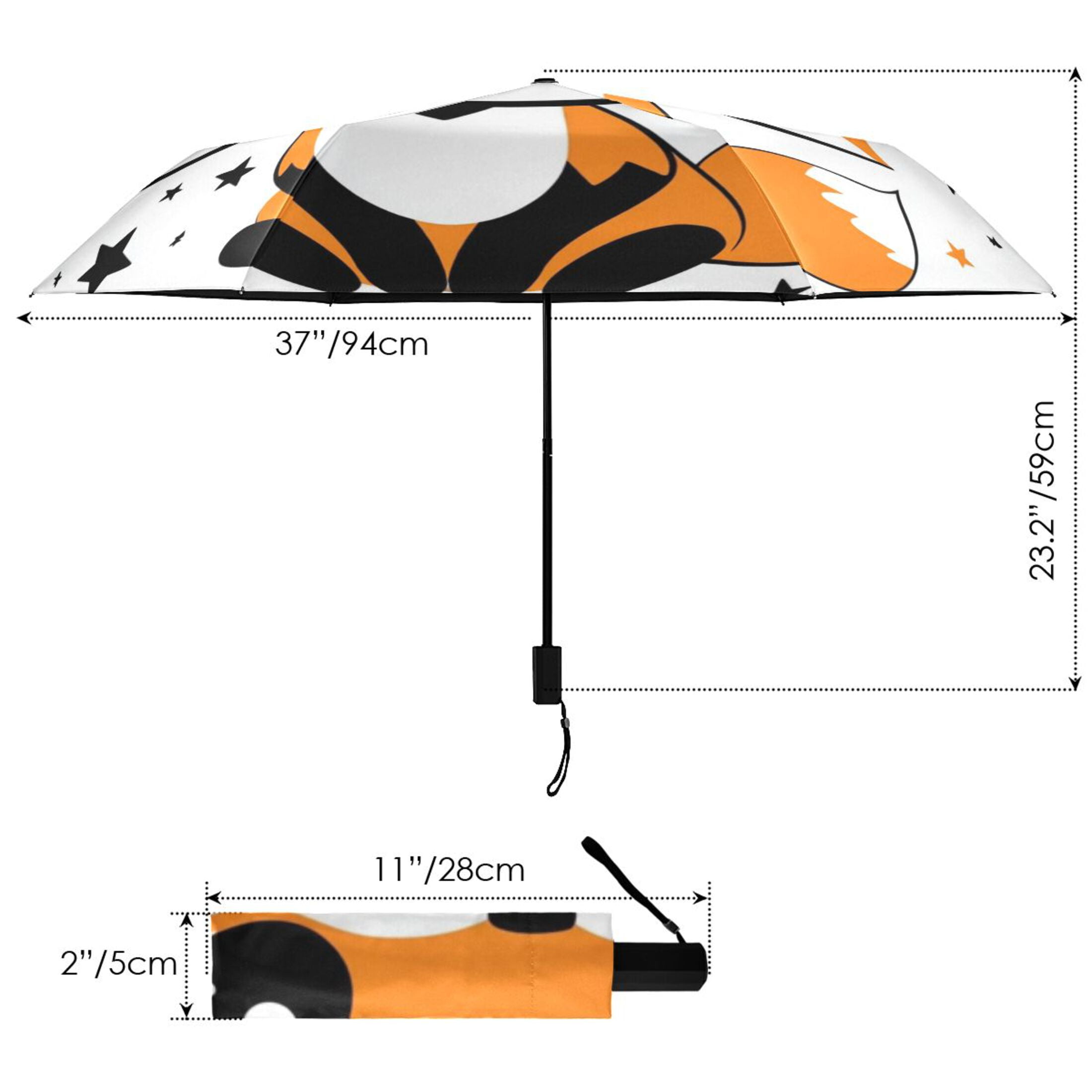 Cute Fox with Crown Stars All Weather Umbrella Triple Folding Parasol 6 Ribs UV Protection Portable