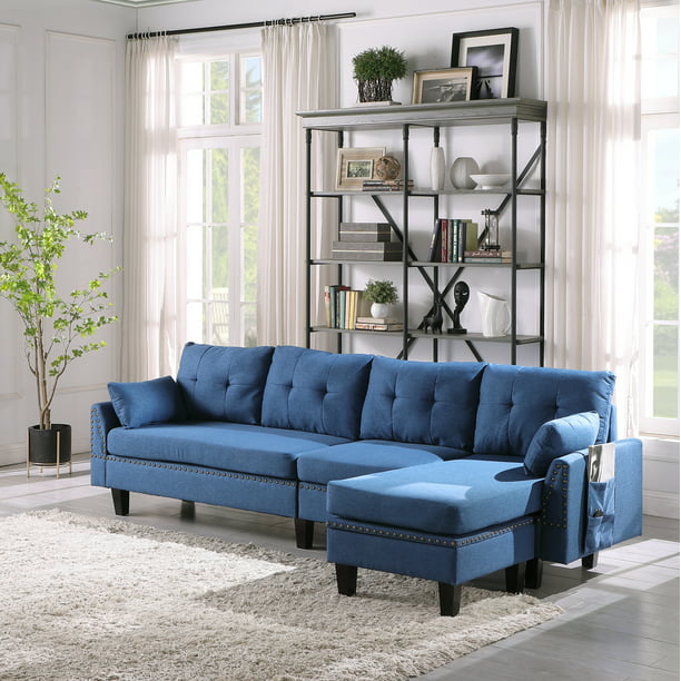Blue 4 Seater Sectional Sofa With, Nailhead Sectional Sofa Blue