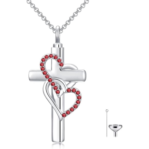 Cross Urn Necklace for Ashes Birthstone 925 Sterling Silver Double/Angel Wing/Rose Flower Cremation Pendant Custom Keepsake Jewelry Memorial Gifts for Women Men