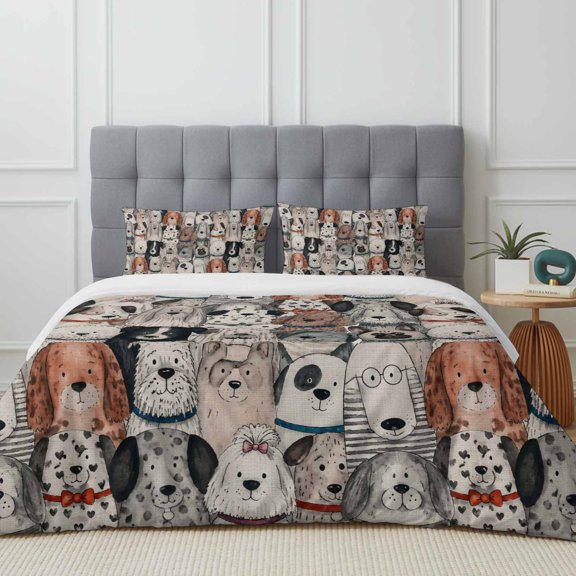 Queen Size Duvet Cover 4 Piece Bedding Set Seamless Cartoon Dogs Bed Sheet Sets Soft Microfiber Comforter Cover with Flat Sheet 2 Pillow Shams