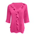 thumbnail image 3 of Ajshakl Pink V-Neck Casual Womens Tops Dressy Casual, 2025 Chiffon Shirt Mid Sleeved Pleated Ruffled Loose Top Mid Sleeved Top, 3 of 7